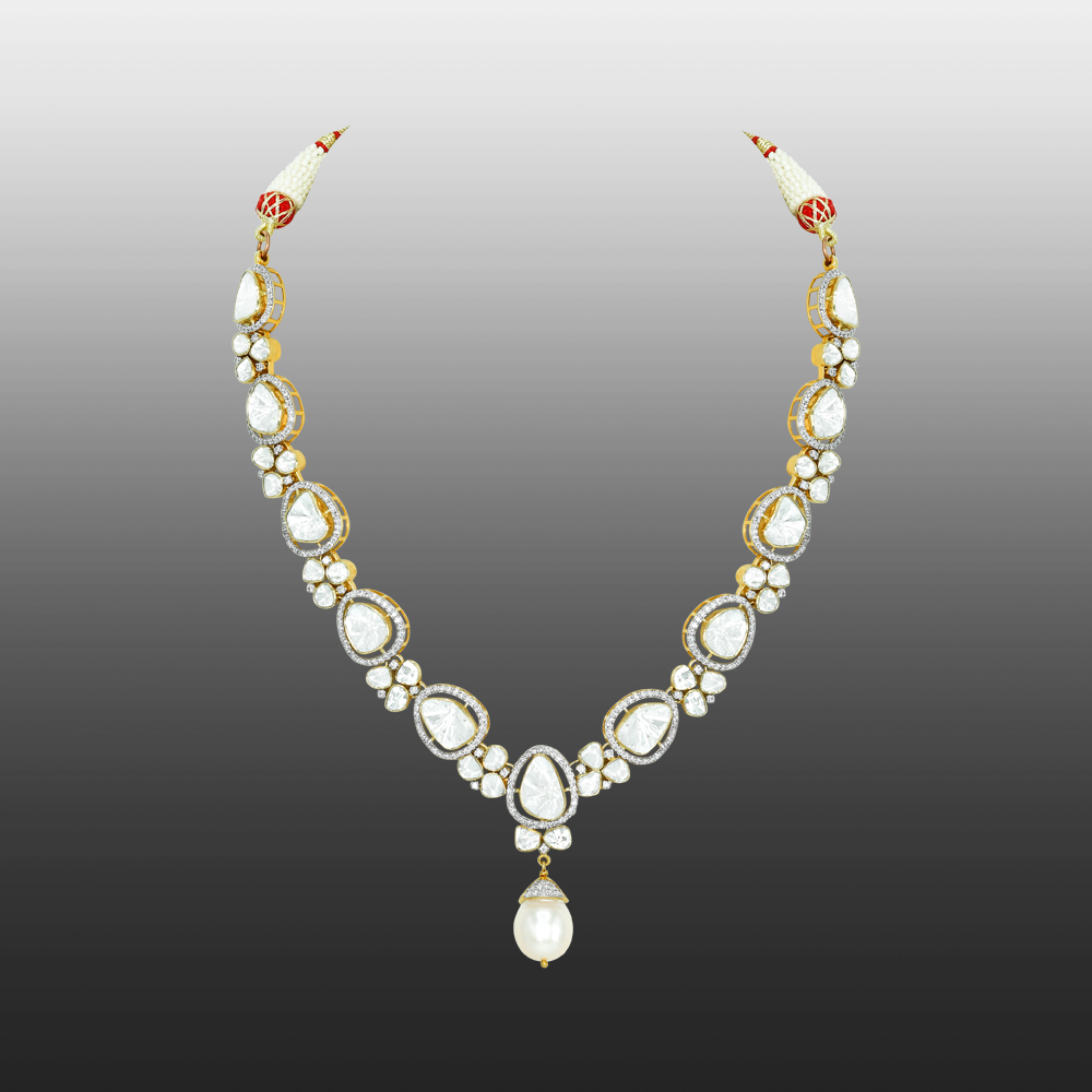 Teardrop Polki Necklace with Diamonds and Pearl Drop